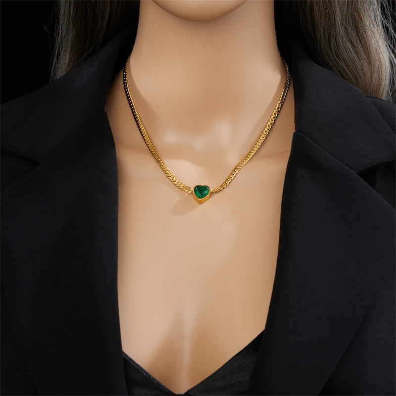 MEYRROYU 316L Stainless Steel Simple Necklace Green White Zircon Pendant Collar For Women Jewelry Collier Acero Inoxidable Mujer