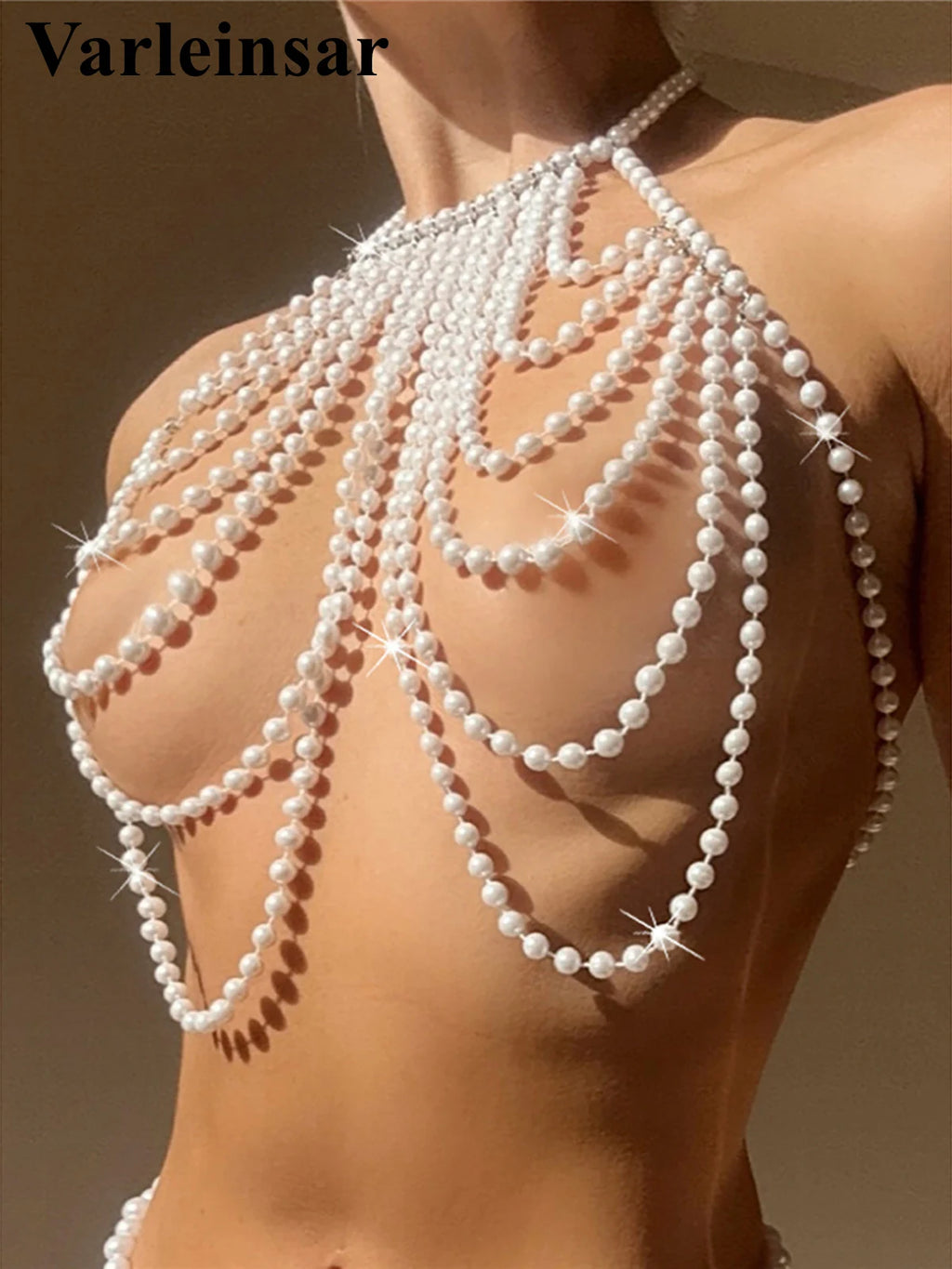 Luxury Pearls Halter See Through Bikini Top Female Swimsuit Women Swimwear Bather Bathing Suit Swim Hollow Out Beach Top V5407