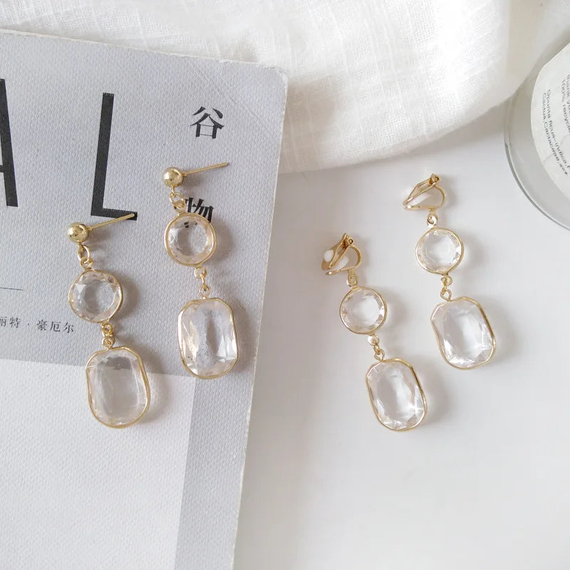 French Women Elegant Transparent Round and Square Crystals Resin Geometric Clip Earrings No pierced ear clip boucle d'oreille