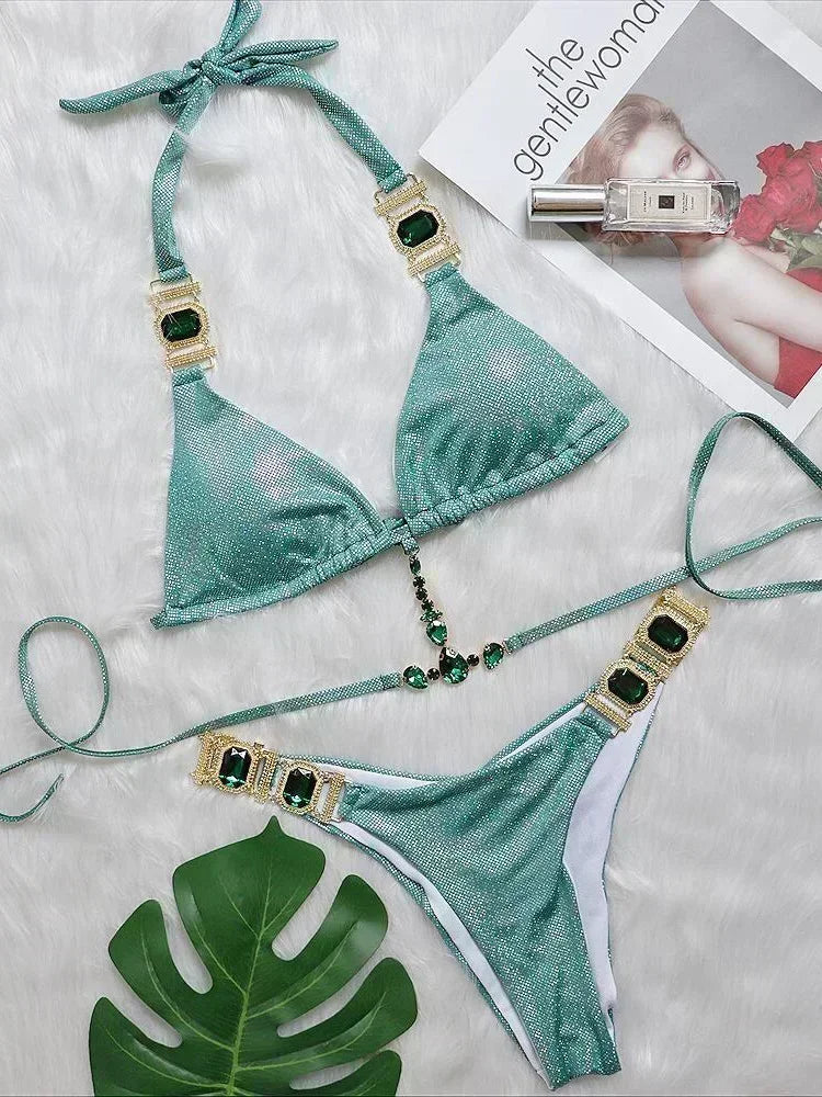 Halter Rhinestone Diamond Bikini Women Swimsuit Female Bikinis Metal Chain Swimwear Two Pieces Bikini Set Bathing Suit Swim Lady