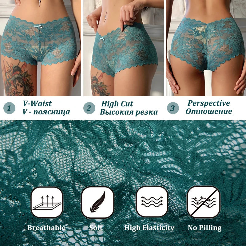 3PCS Women Sexy Lace Panties Floral Perspective Underwear Solid Color Intimates Boyshort Female V-Waist Breathable Soft Lingerie
