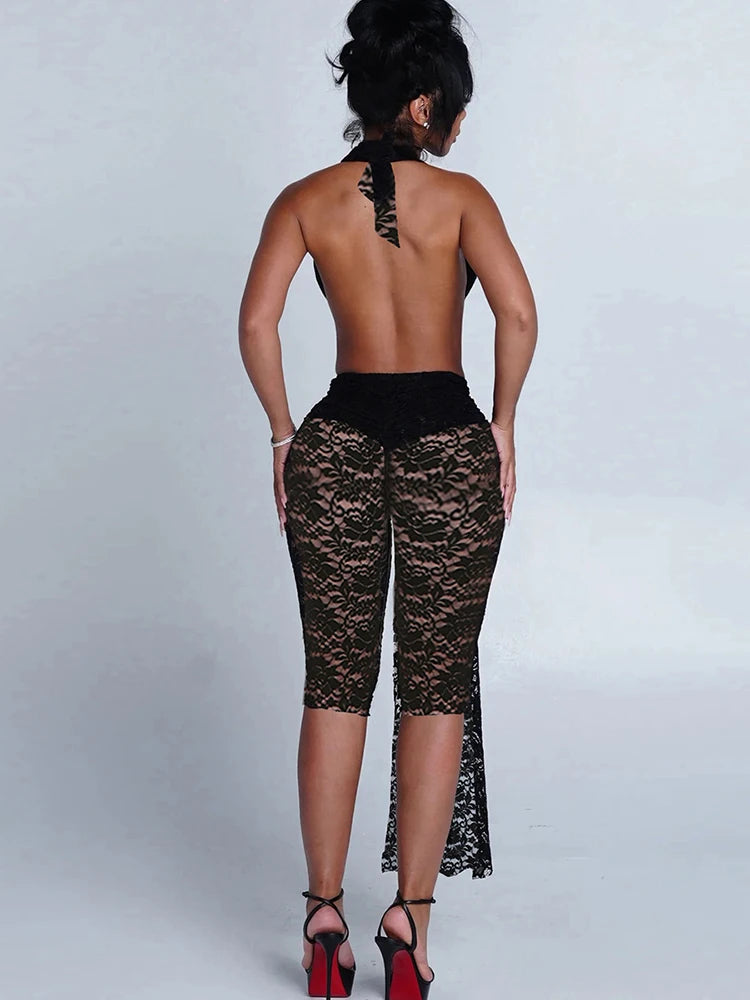 Weird Puss Jacquard Halter Romper Women Sexy Ribbon Patchwork Sleeveless Backless Workout Midnight Activity Clubwear Playsuits