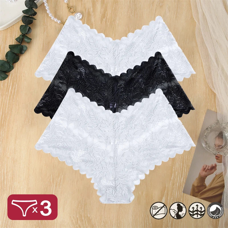 3PCS Women Sexy Lace Panties Floral Perspective Uderwear Solid Color Intimates Boyshort Female V-Waist Breathablle Soft Lingerie