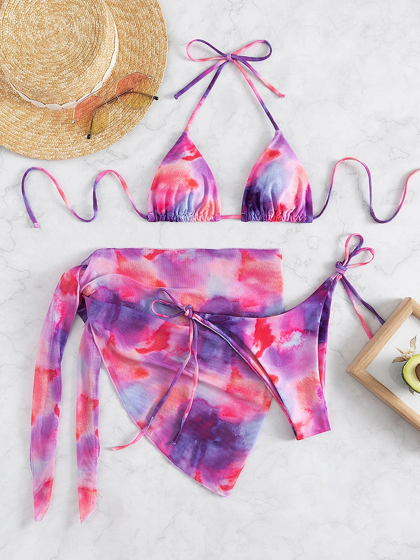 Swimwear Designer Tie Dye Bikini 3 PCS Swimsuit With Sarong Bikinis Women Three Piece Low Waist Beachwear Outfits Bather Biquini