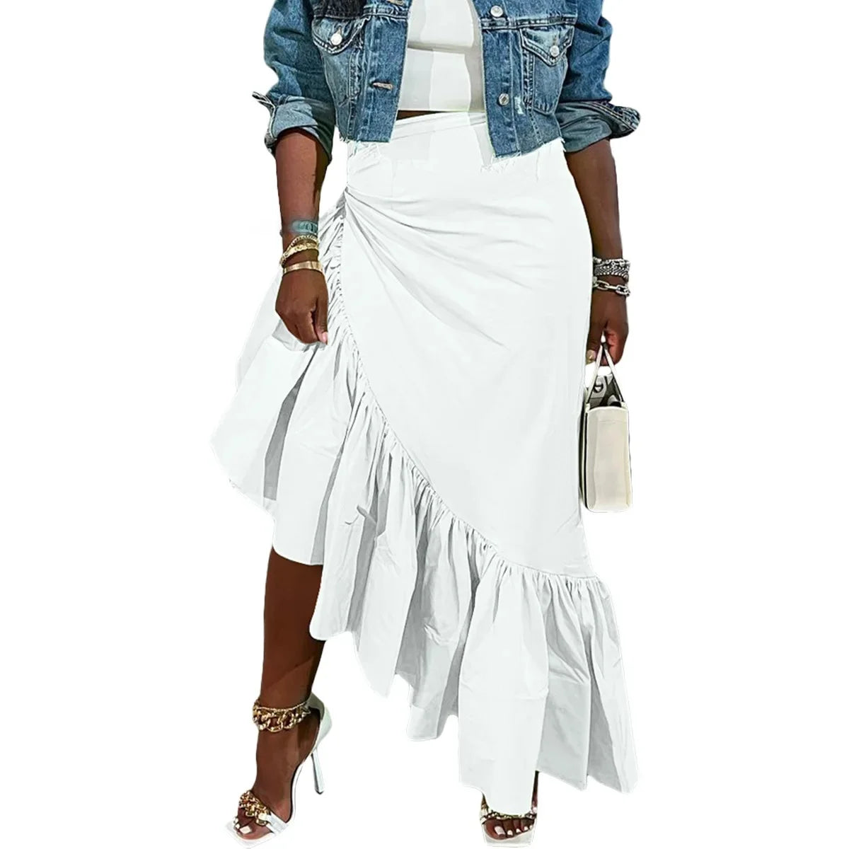 Sexy Pure Color Asymmetric Hem Skirt for Women Club Night Outlets Polyester Fiber Ruffles Half-length Skirts Fashionable