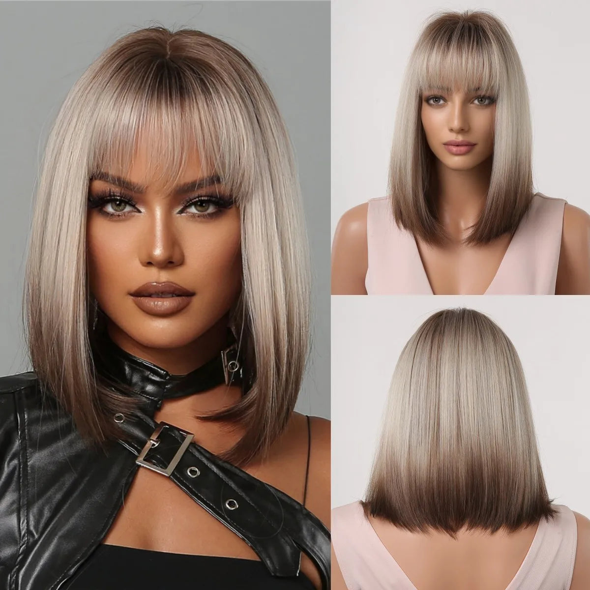 Short Ombre Blonde to Brown Straight Synthetic Wigs with Bangs Cosplay Party Women Bob Hair Wig Natural Heat Resistant Fibre