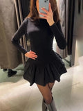 Women's Fashion Solid Tiered Ruffle A-Line Dress, Spring Elegant O-Neck Slim Fit Mini Dress, Autumn Long Sleeve Simple Boho Dresses