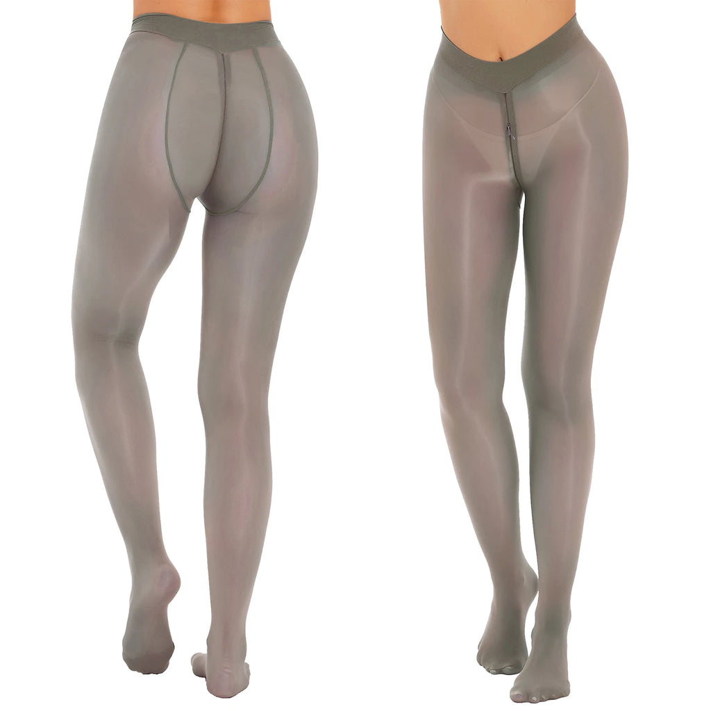 Women's Sexy Glossy Zipper Crotch Pantyhose Tights See-Through Sheer Solid Color Elastic Waistband Leggings with Socks Stretchy