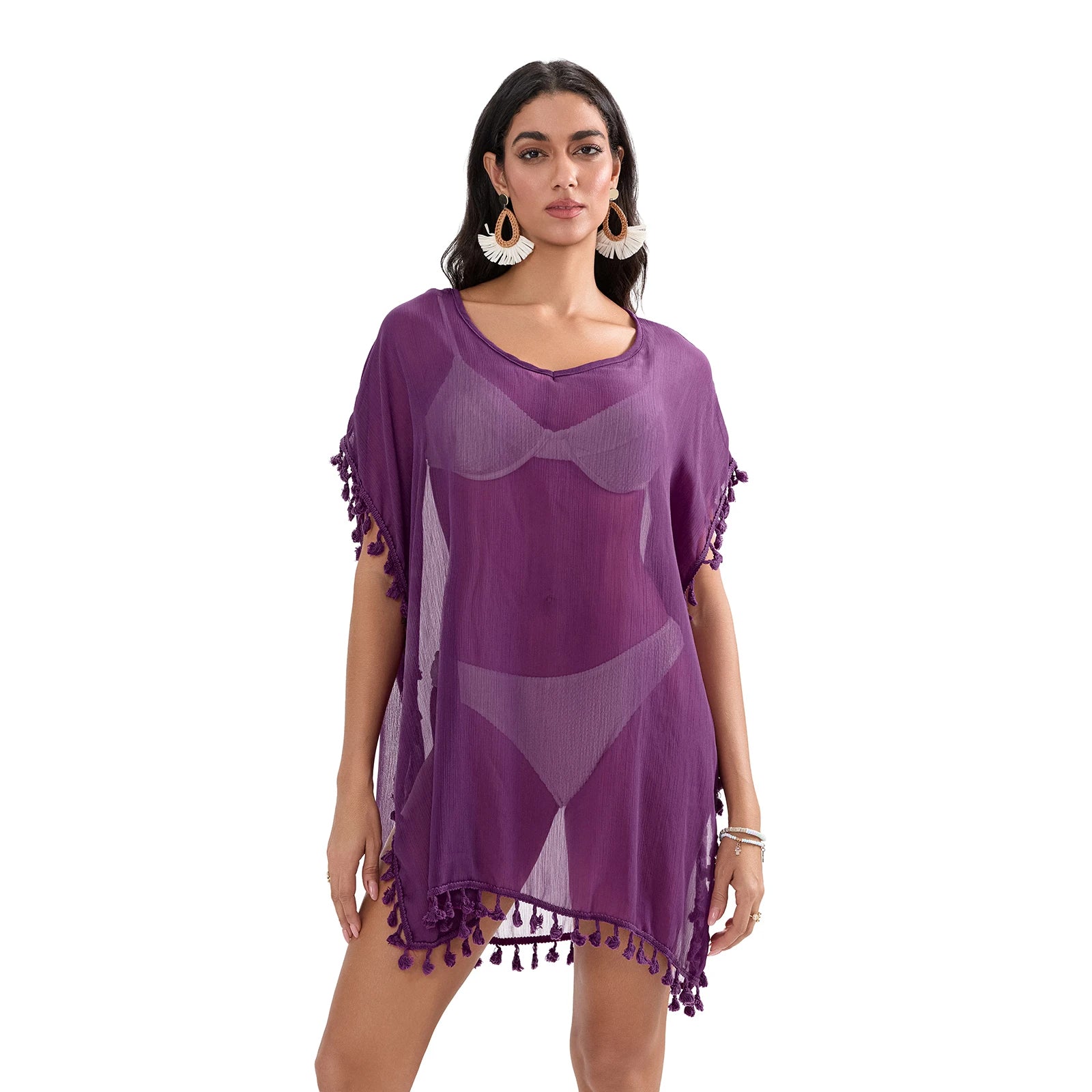 Tassel Trim Bikini Cover Up Beach Dress Women See-Through Beachwear Swimsuit Summer Mini Dress Cover-ups Sunscreen Dress