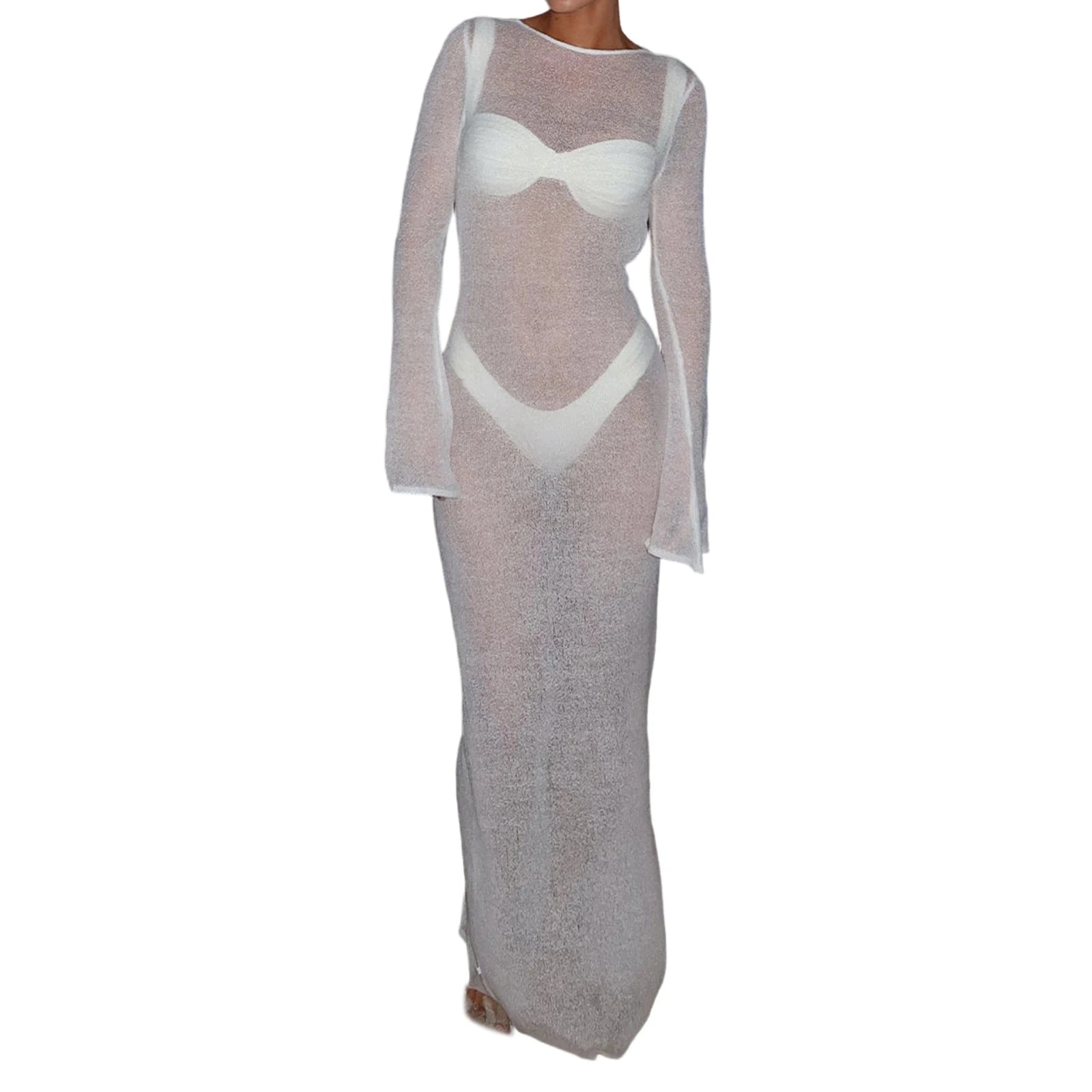 Women Vintage Summer Beach Cover Up Solid See-Through Long Sleeve Swimsuit Coverup Bathing Suit Cover Ups Bodycon Long Dresses