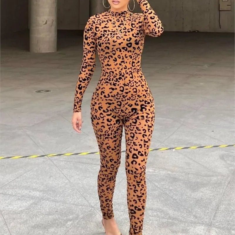 Leopard Print New Women's Jumpsuit Slim Long-sleeved Sexy Flocked See-through Slimming Jumpsuits For Woman Women's Jumpsuit