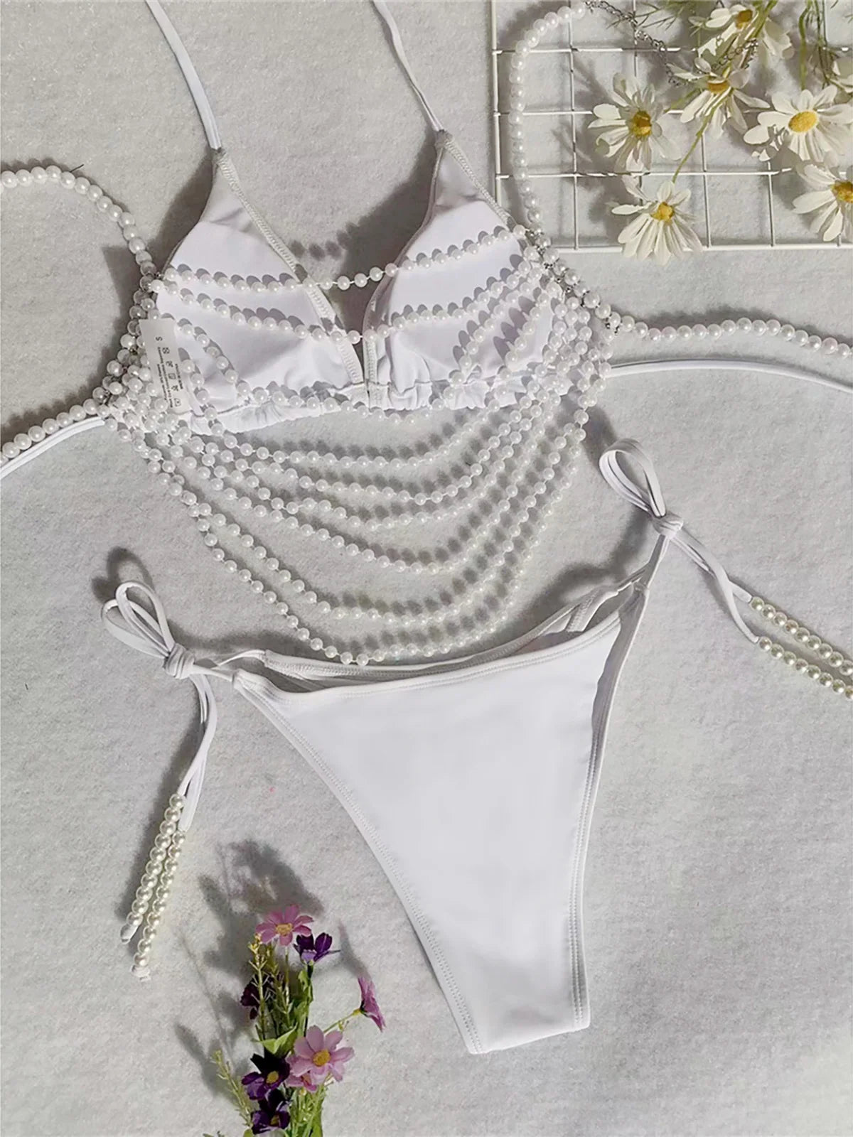 With Pearls Chains Halter High Cut Bikini Female Swimsuit Women Swimwear Three-Piece Bikini Set Bather Bathing Suit Swim K5532