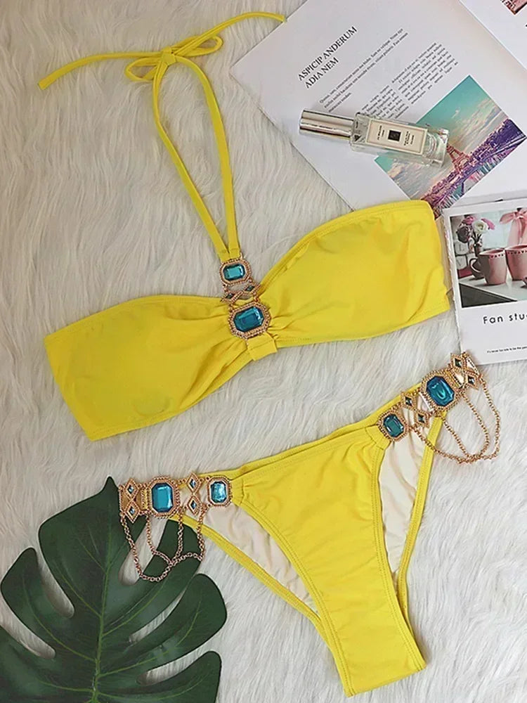 Halter Rhinestone Diamond Bikini Women Swimsuit Female Bikinis Metal Chain Swimwear Two Pieces Bikini Set Bathing Suit Swim Lady