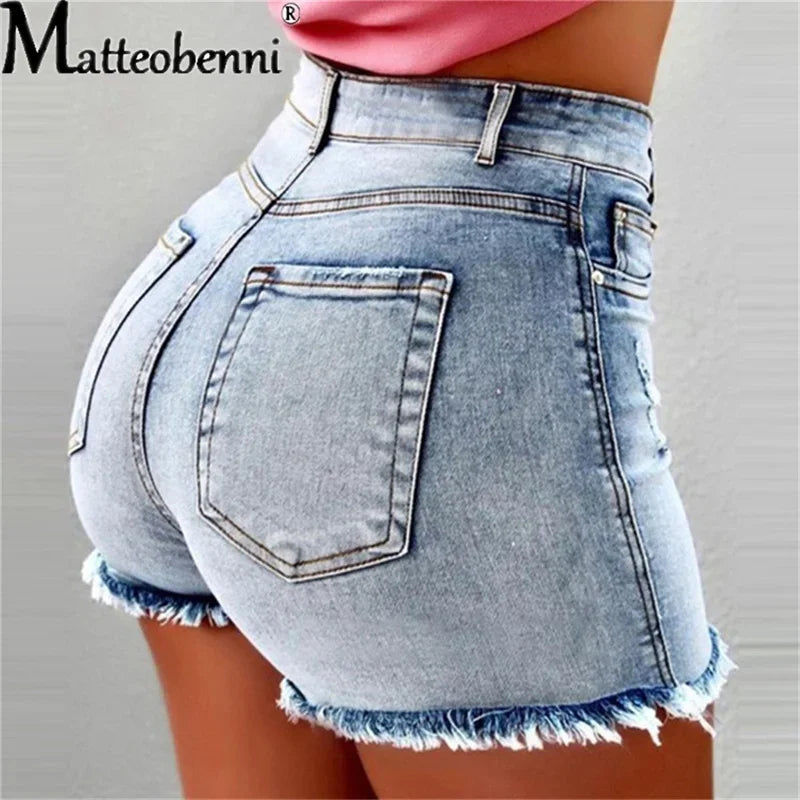 2024 Women High Waist Denim Shorts Ripped Hole Bodycon Short Feminino Jean Shorts With Tassel Summer Casual Streetwear