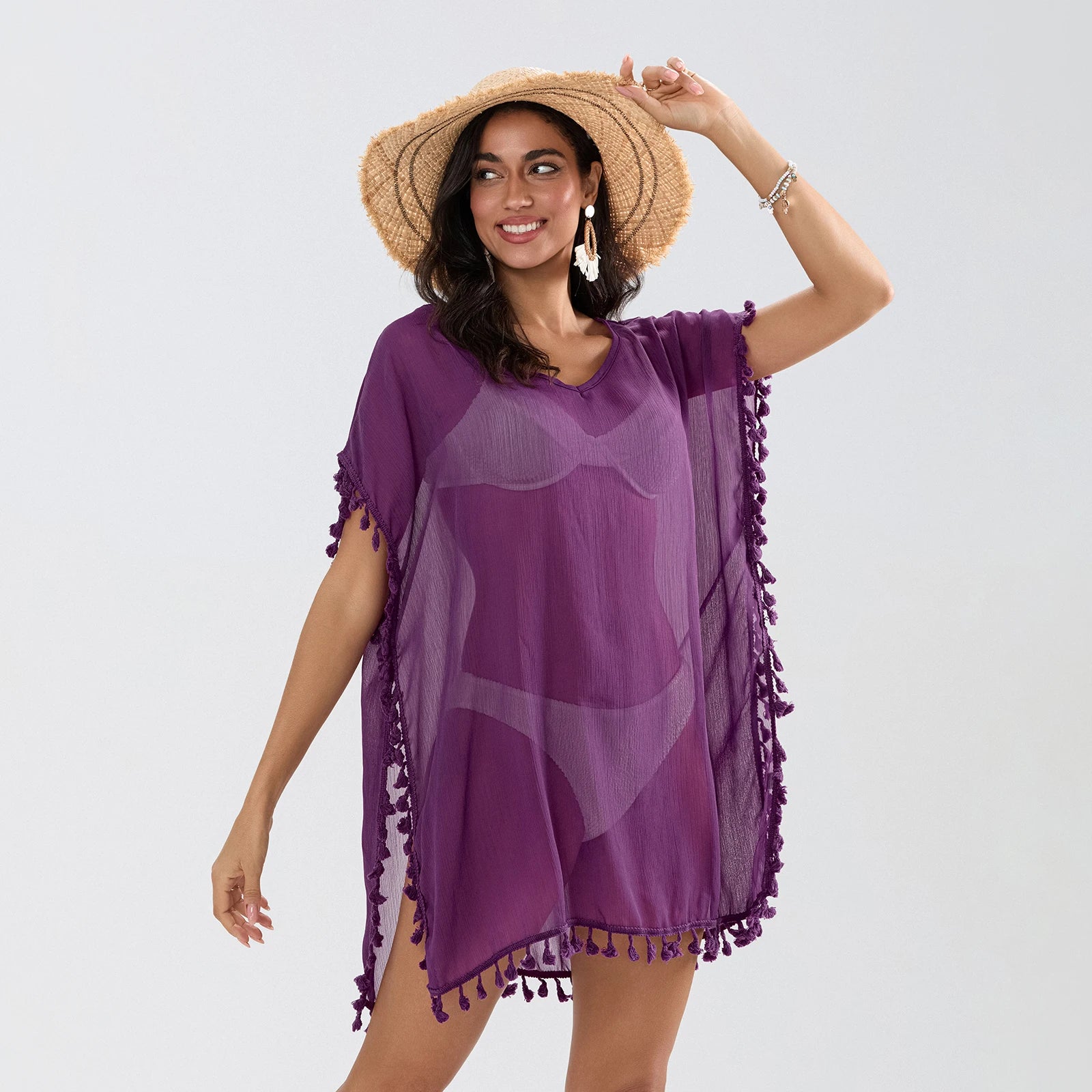 Tassel Trim Bikini Cover Up Beach Dress Women See-Through Beachwear Swimsuit Summer Mini Dress Cover-ups Sunscreen Dress