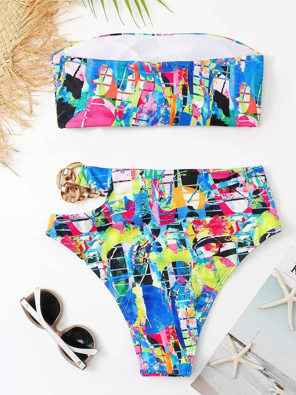 Bandeau Bikini 2025 Women Sexy White Black Cut Out Metal High Waist Swimsuit Female Off Shoulder Bathing Suit Swimwear Beachwear