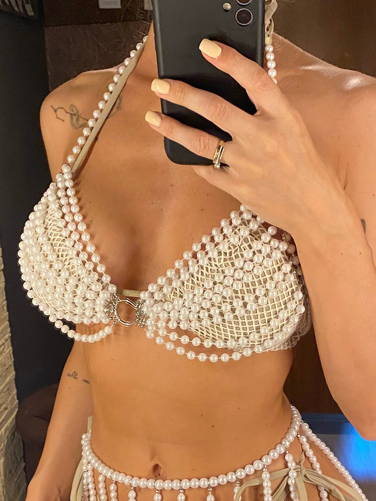 Luxury Pearls Halter See Through Bikini Top Female Swimsuit Women Swimwear Bather Bathing Suit Swim Hollow Out Beach Top V5407