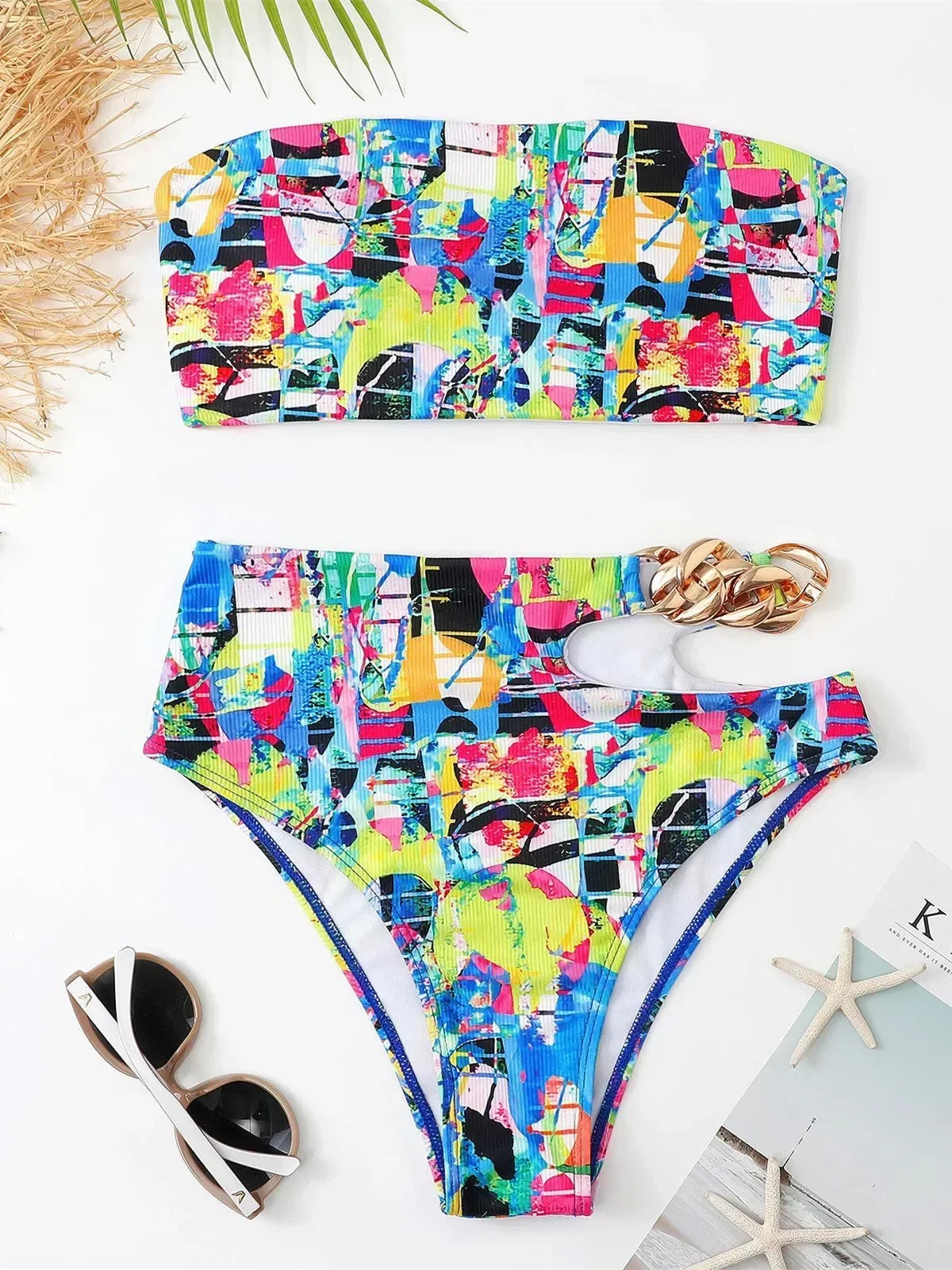 Bandeau Bikini 2025 Women Sexy White Black Cut Out Metal High Waist Swimsuit Female Off Shoulder Bathing Suit Swimwear Beachwear