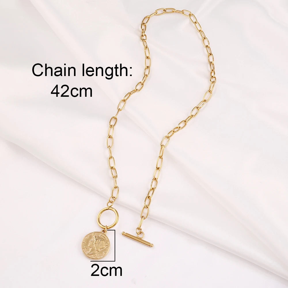 Coin Necklace For Women Stainless Steel Toggle Clasp Choker Gold/Silver Color Metal Elizabeth Coin Round Necklace Femme Jewelry
