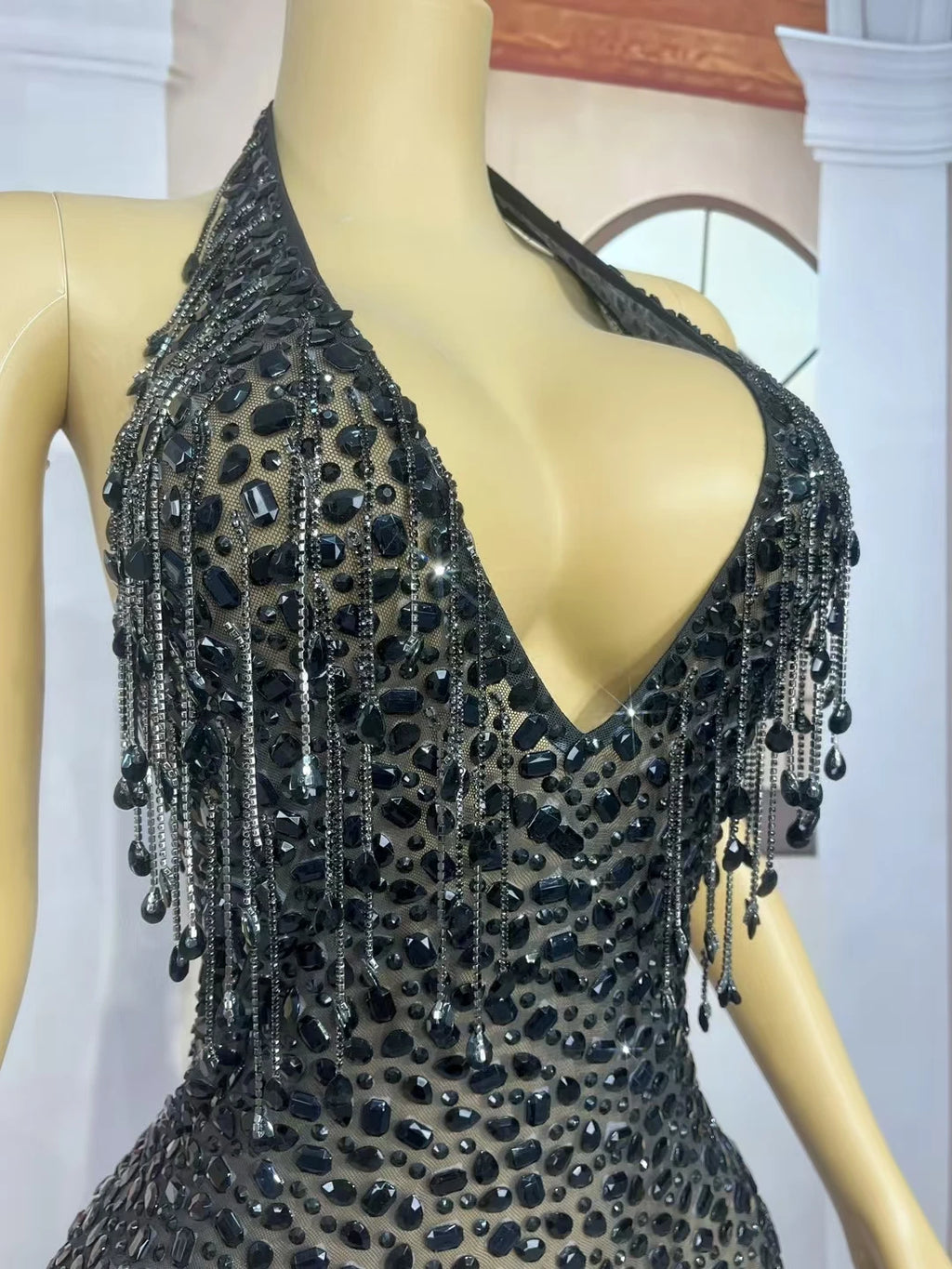 Sexy Black Mesh Evening Dress Sparkling Rhinestone Tassel High Slit Gown Deep V-neck Halter Neck Tight Long Dress wulongweibo
