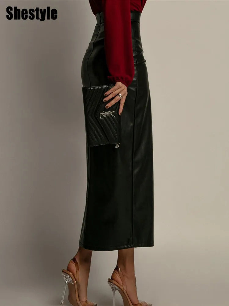 Shestyle High Slit PU Leather Office Lady High Waist Zipper Fly Long Elegant Straight Solid Sexy 2025 Women Bottom Clothing