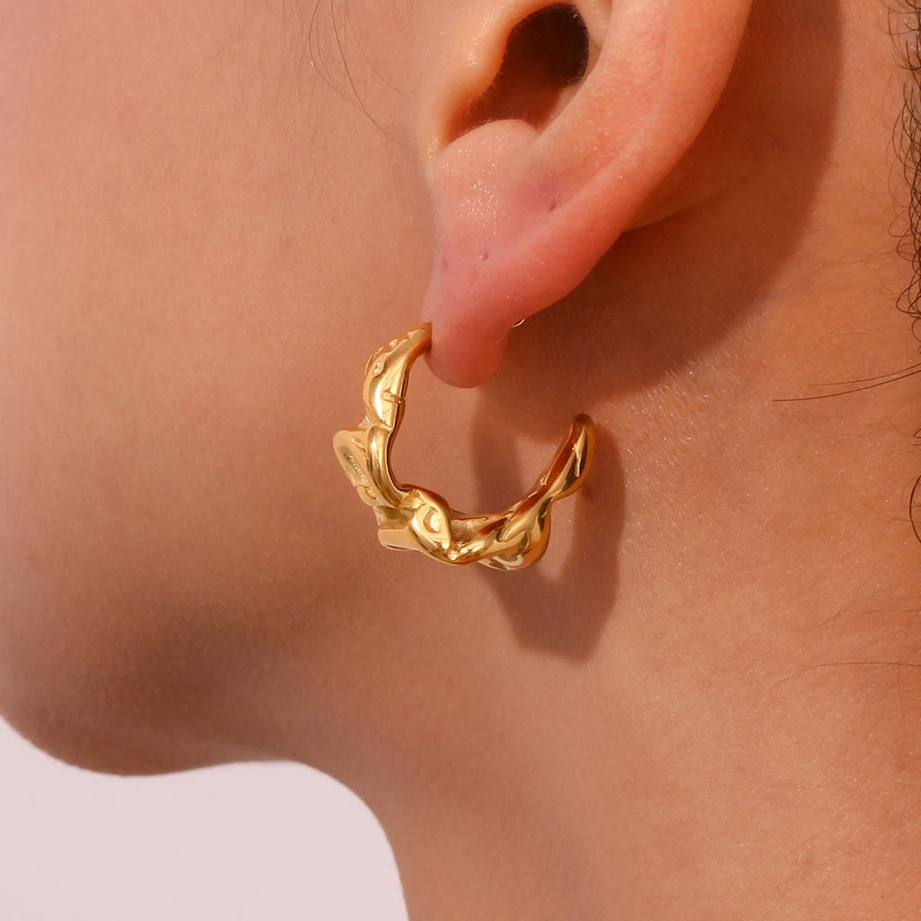E.B.belle Casting Mould Irregular Wrinkle C Shaped Gold Plated Hoop Earrings For Women Stainless Steel Earrings