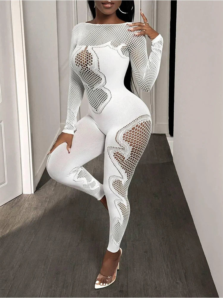 FHSEER Women's Sexy Jumpsuit Sheer Mesh Long Sleeve Hollow Out Bodycon High-Waist Stretchy Club Party Date Night Out Outfit