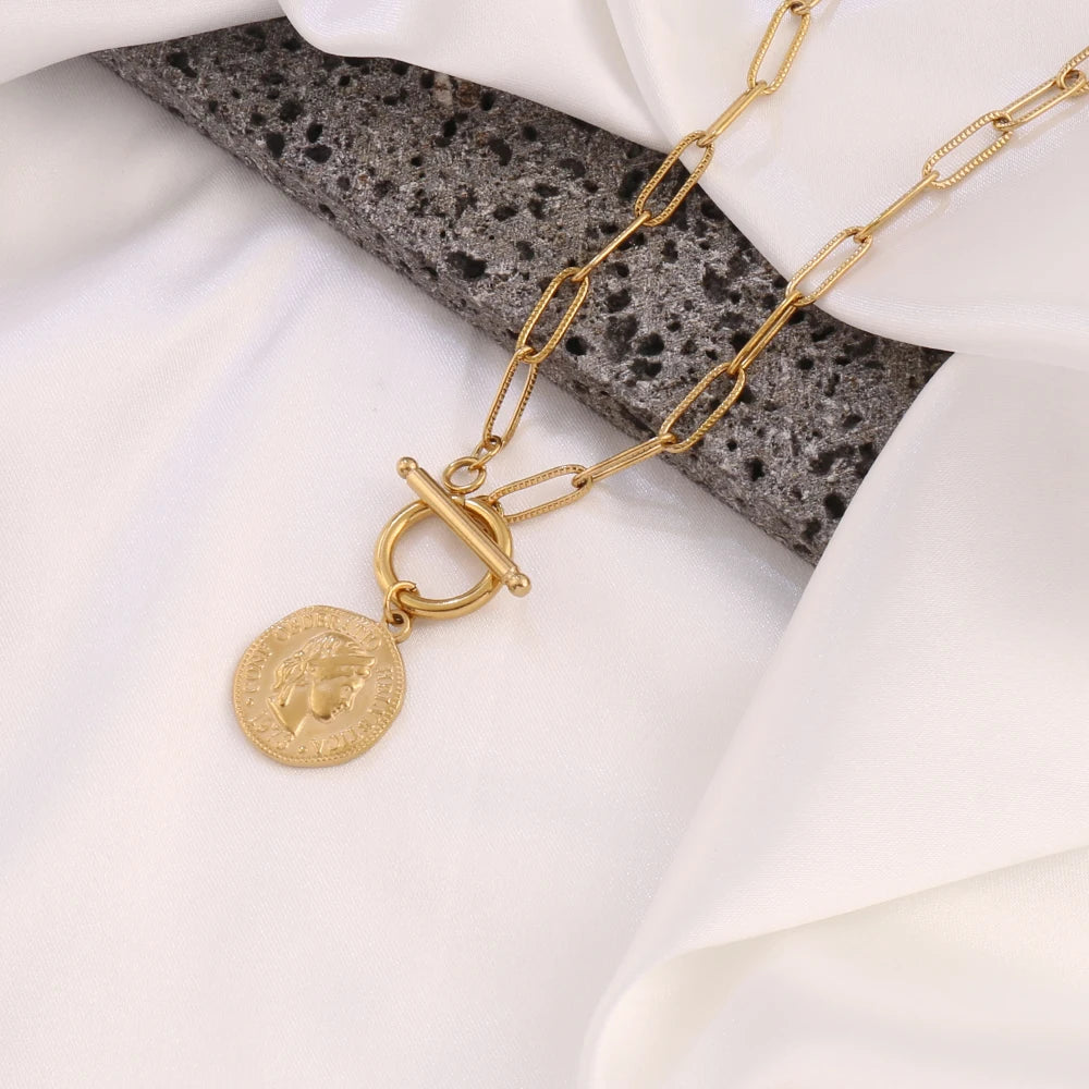 Coin Necklace For Women Stainless Steel Toggle Clasp Choker Gold/Silver Color Metal Elizabeth Coin Round Collier Femme Jewelry