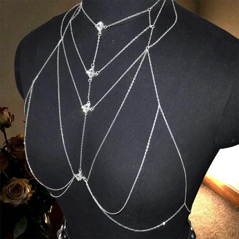 Ladies' Luxurious Body Chain, Diamond-Shaped with Square Rhinestones, Accentuating the Collarbone, Versatile and Fashionable Style