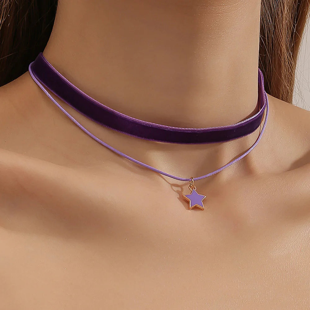 Gothic Punk Double Layer Short Velvet Choker Women's Neck Chain Vintage Neck Jewelry Black Star Pendant Necklace