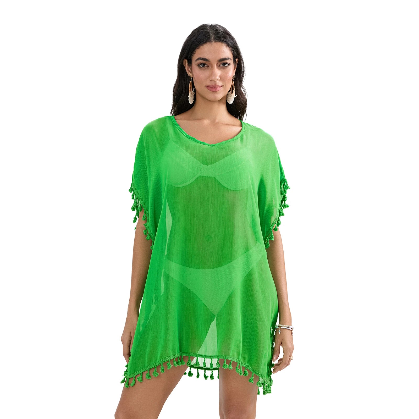 Tassel Trim Bikini Cover Up Beach Dress Women See-Through Beachwear Swimsuit Summer Mini Dress Cover-ups Sunscreen Dress