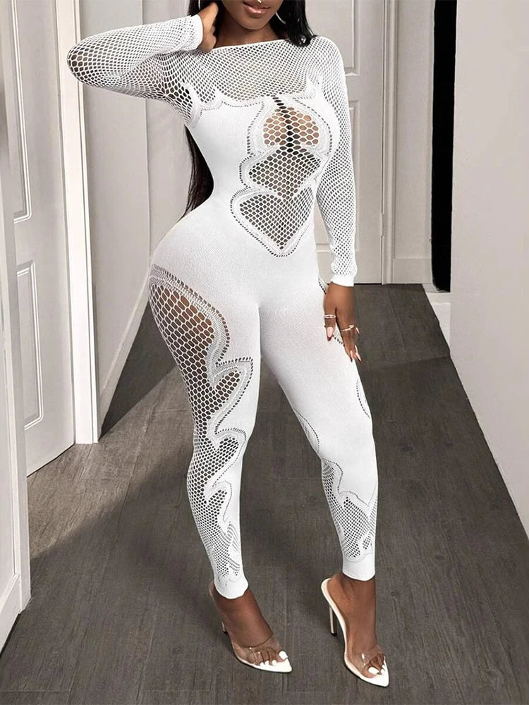 FHSEER Women's Sexy Jumpsuit Sheer Mesh Long Sleeve Hollow Out Bodycon High-Waist Stretchy Club Party Date Night Out Outfit