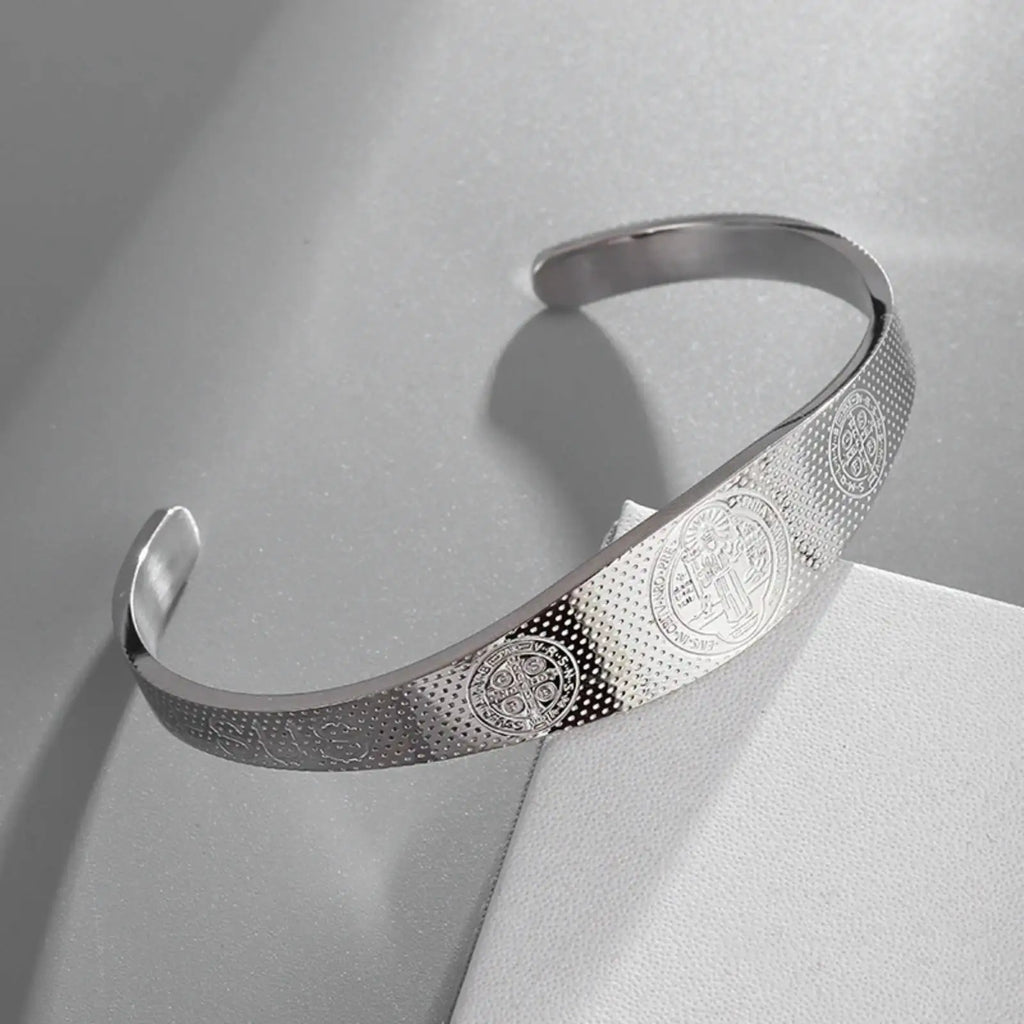 Saint Benedict Bracelet Open Bangle for Women Men Protection Blessing Stainless Steel Jewelry Gifts