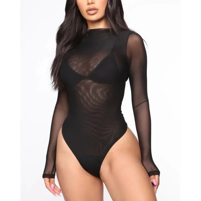Sexy Mesh See-Through Bodysuit Women Long Sleeve Sheer Bodysuits High Neck Bodycon Jumpsuit See-Through Romper