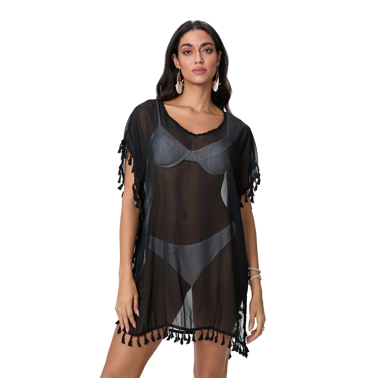 Tassel Trim Bikini Cover Up Beach Dress Women See-Through Beachwear Swimsuit Summer Mini Dress Cover-ups Sunscreen Dress