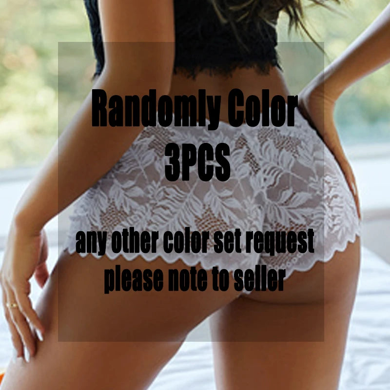 3PCS Women Sexy Lace Panties Floral Perspective Underwear Solid Color Intimates Boyshort Female V-Waist Breathable Soft Lingerie