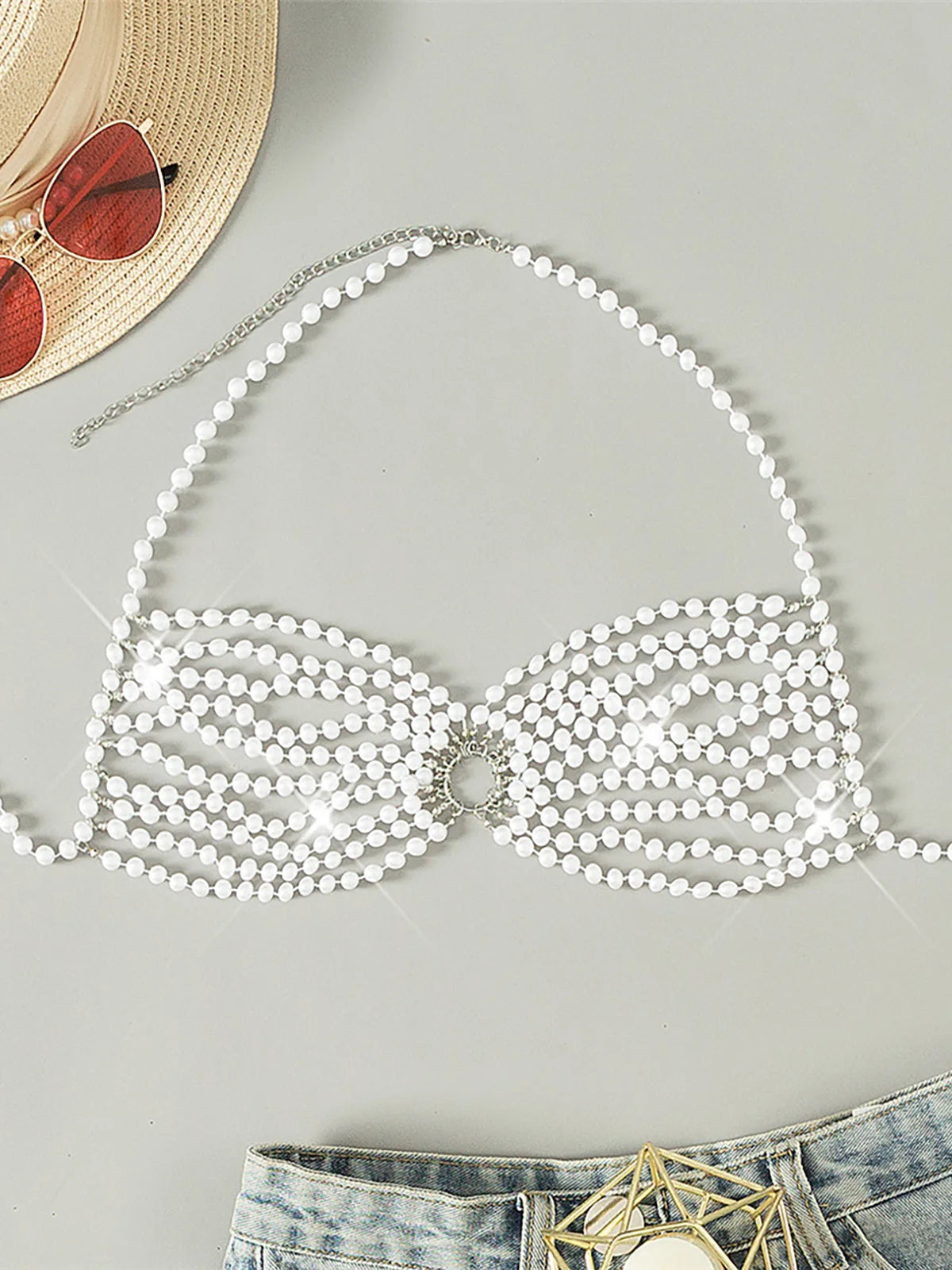 New Sexy Pearls Halter Hollow Out Bikini Top Female Swimsuit Women Swimwear Bather Bathing Suit Swim See Through Beach Top K5408
