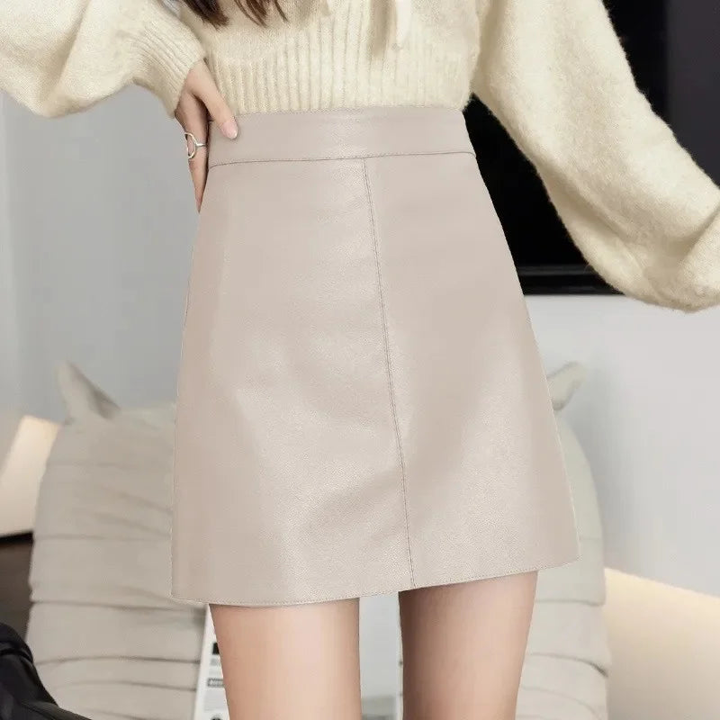 High Waist A- Line Mini Skirt for Women Early Spring PU Leather Short Skirt Slimming Effect Spring Fashion Polyester Fiber