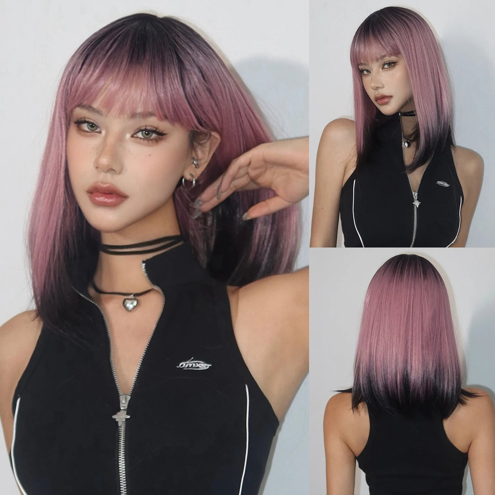 Short Ombre Blonde to Brown Straight Synthetic Wigs with Bangs Cosplay Party Women Bob Hair Wig Natural Heat Resistant Fibre