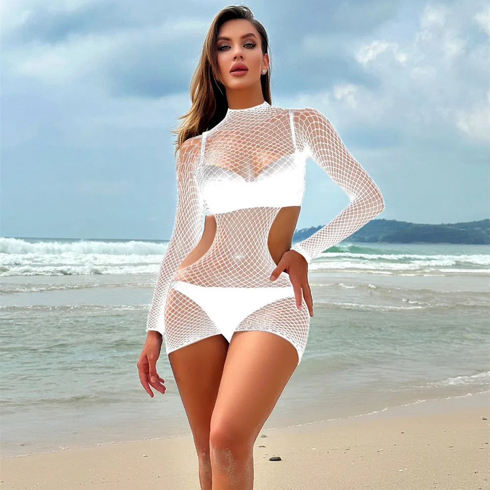 Sexy Female Dress Women's Fashion Beach Wear Sex Sleepwear Long Sleeve Fishnet Short Net Skirt Erotic Backless Bodycon Dress