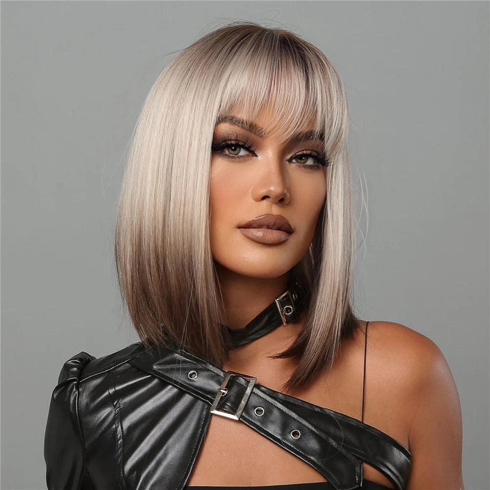 Short Ombre Blonde to Brown Straight Synthetic Wigs with Bangs Cosplay Party Women Bob Hair Wig Natural Heat Resistant Fiber