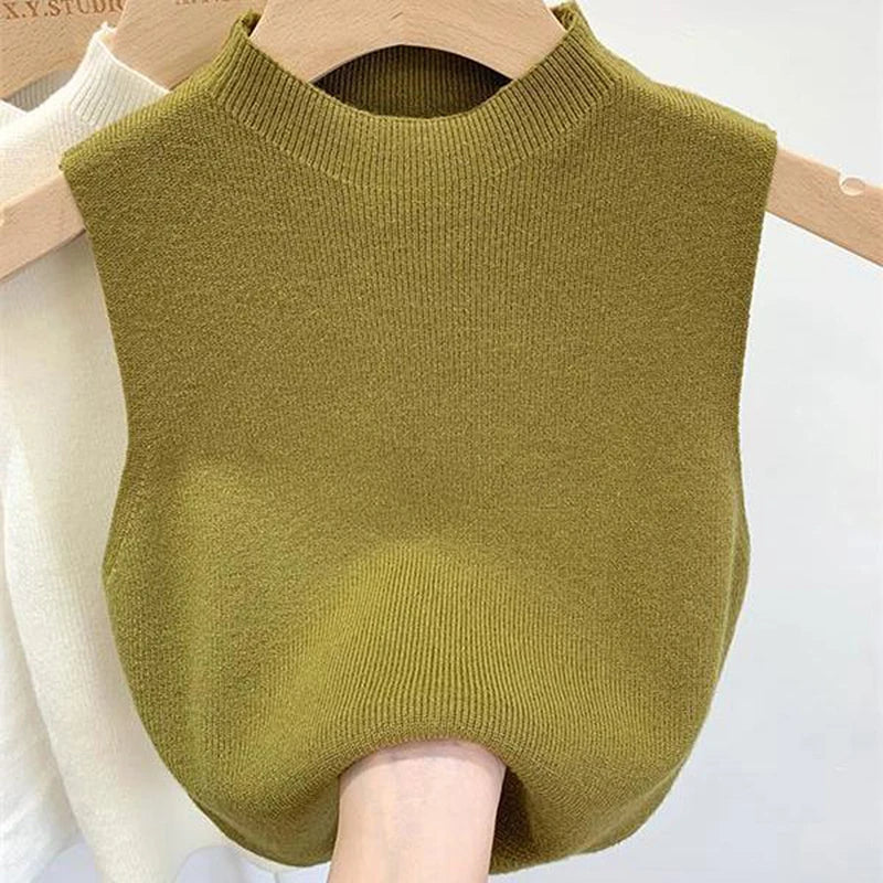 Fashion Half Turtleneck Knitted Tank Top Summer Women Casual Solid Color Sleeveless Vest spring and autumn