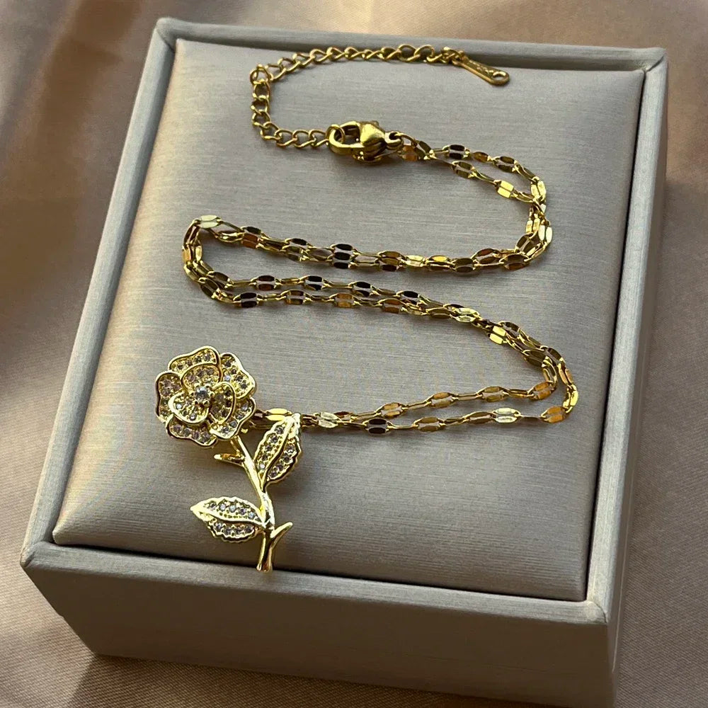 Collier Femme Stainless Steel Long Chain Collier Crystal Rose Flower Statement Necklace Women Jewelry Maxi Choker