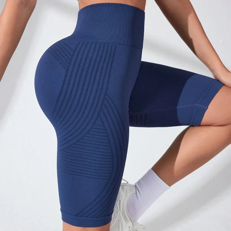 Women's Knitted Slim High Waist Seamless Yoga Shorts Workout Running Linear Aesthetic Leggings Stretchy Push Up Butt Shorts