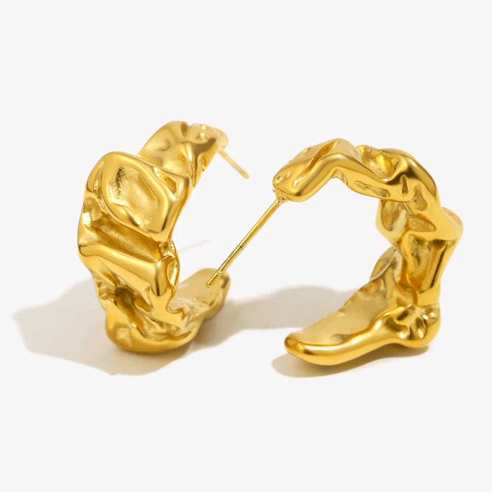 E.B.belle Casting Mould Irregular Wrinkle C Shaped Gold Plated Hoop Earrings For Women Stainless Steel Earrings