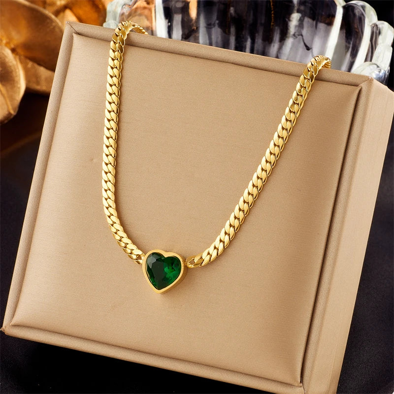 MEYRROYU 316L Stainless Steel Simple Necklace Green White Zircon Pendant Collar For Women Jewelry Collier Acero Inoxidable Mujer