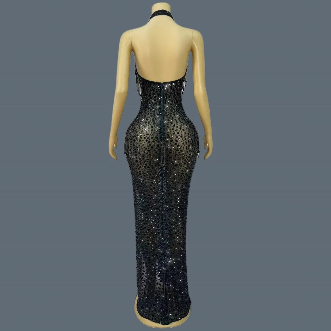 Sexy Black Mesh Evening Dress Sparkling Rhinestone Tassel High Slit Gown Deep V-neck Halter Neck Tight Long Dress wulongweibo