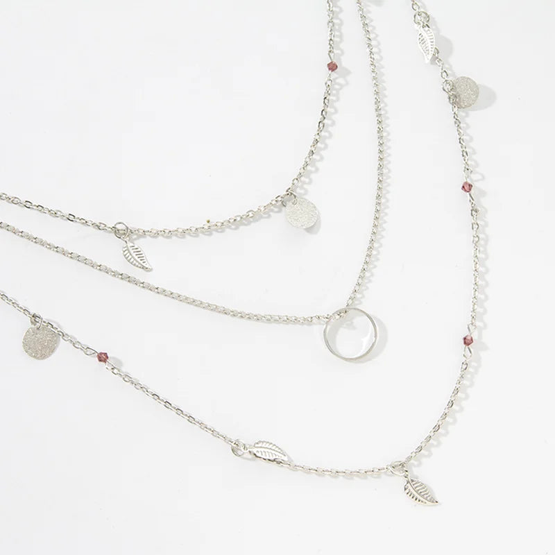 Hot Fashion Gold Color Chain Leaves Multi Layer Choker Necklace Geometric Round Necklace For Women Collier Femme Jewelry Gift