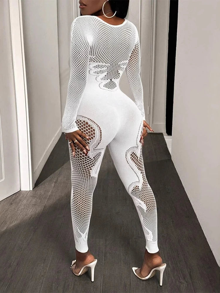 FHSEER Women's Sexy Jumpsuit Sheer Mesh Long Sleeve Hollow Out Bodycon High-Waist Stretchy Club Party Date Night Out Outfit