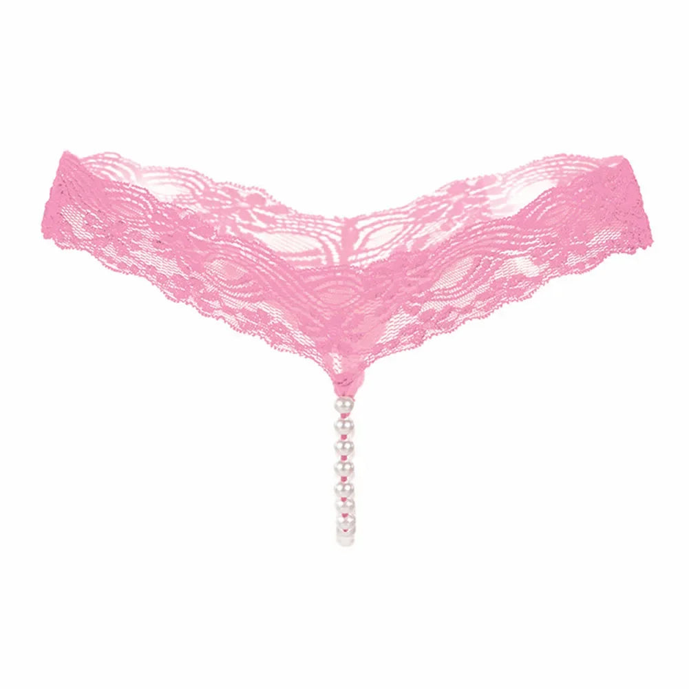 Women's G-String T-Back Thong Lingerie with Pearl Crotch Massage Panties, Sexy Lace Transparent Underwear, Enhanced T-Back String